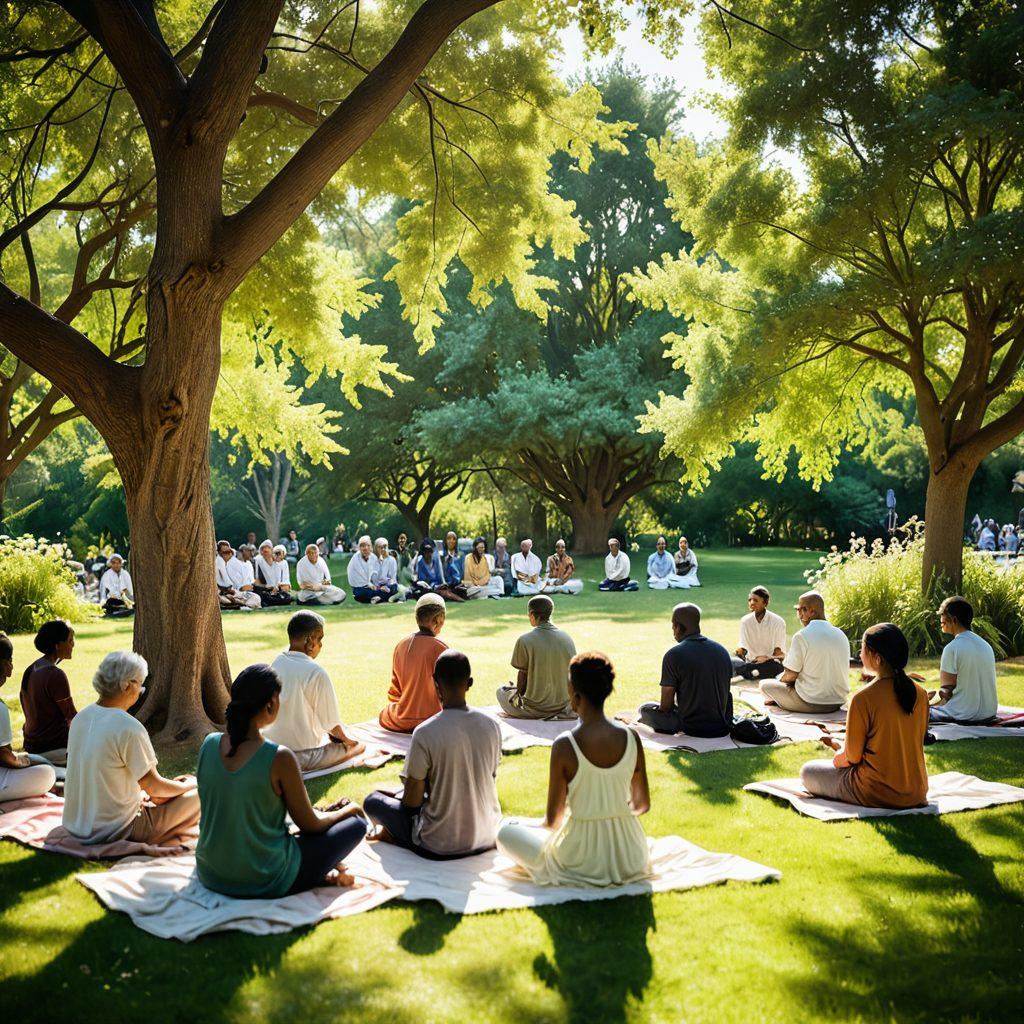 An inviting illustration of a serene community gathering in a sunlit park, showcasing diverse individuals engaged in various devotional practices such as prayer, meditation, and group discussions, surrounded by lush greenery and soft blooms. The atmosphere is warm and uplifting, capturing a sense of unity and grace as sunlight filters through the trees, creating divine light effects. warm colors, soft focus, painting.