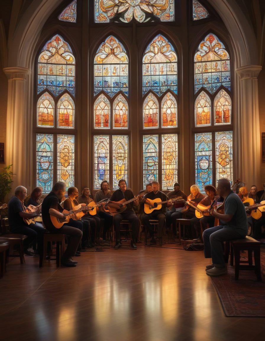 A serene scene depicting a diverse group of people engaging in worship through music, with instruments like guitars, drums, and keyboards surrounded by warm, glowing lights. In the background, softly illuminated stained glass windows represent various spiritual journeys. The foreground features individuals connecting and serving each other, symbolizing community and purpose. The atmosphere radiates peace and inspiration. vibrant colors. super-realistic.