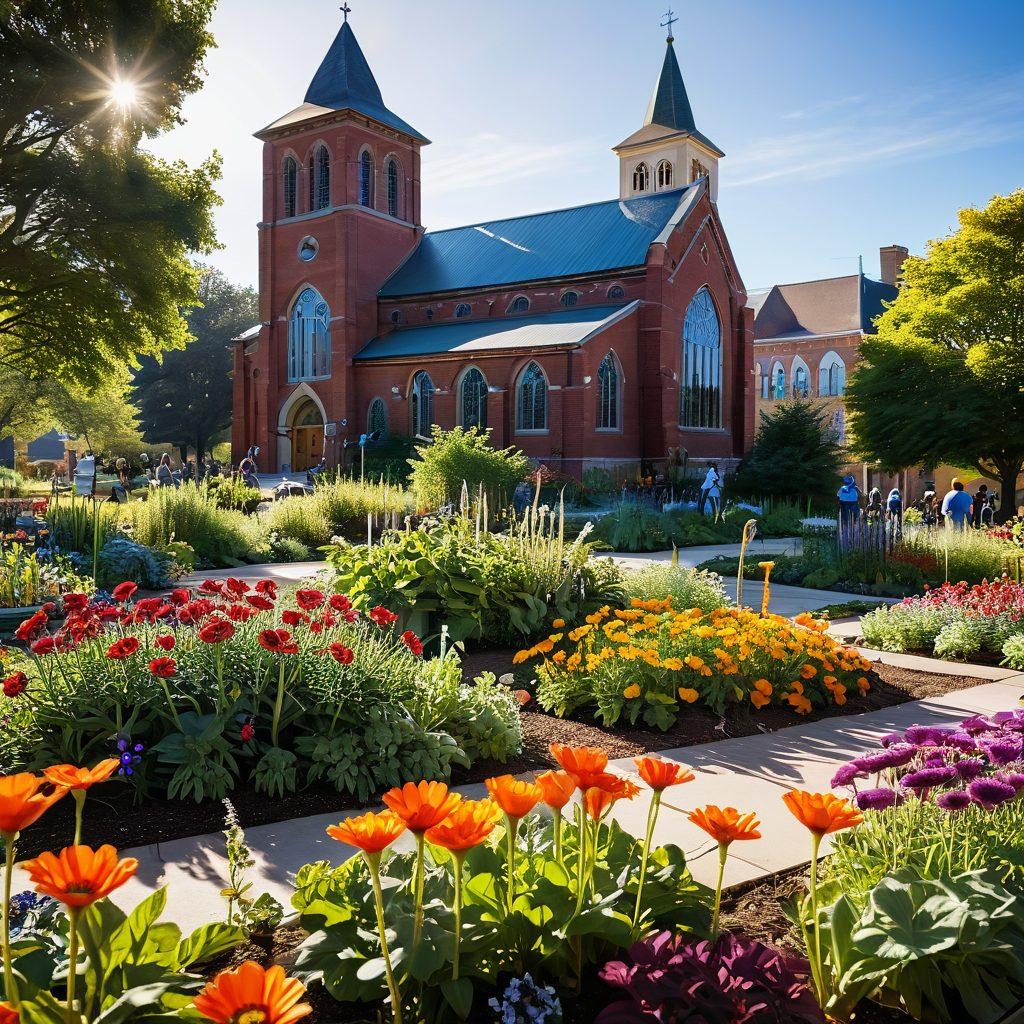 A serene scene depicting a diverse group of people gathered in a sunlit community garden, joyfully engaging in acts of charity, planting flowers, and sharing food. In the background, a peaceful church with stained glass windows symbolizes worship, while birds soar overhead, representing hope and freedom. Soft, warm colors radiate positivity and divine light, enveloping the scene in an atmosphere of grace and togetherness. super-realistic. vibrant colors. soft focus.